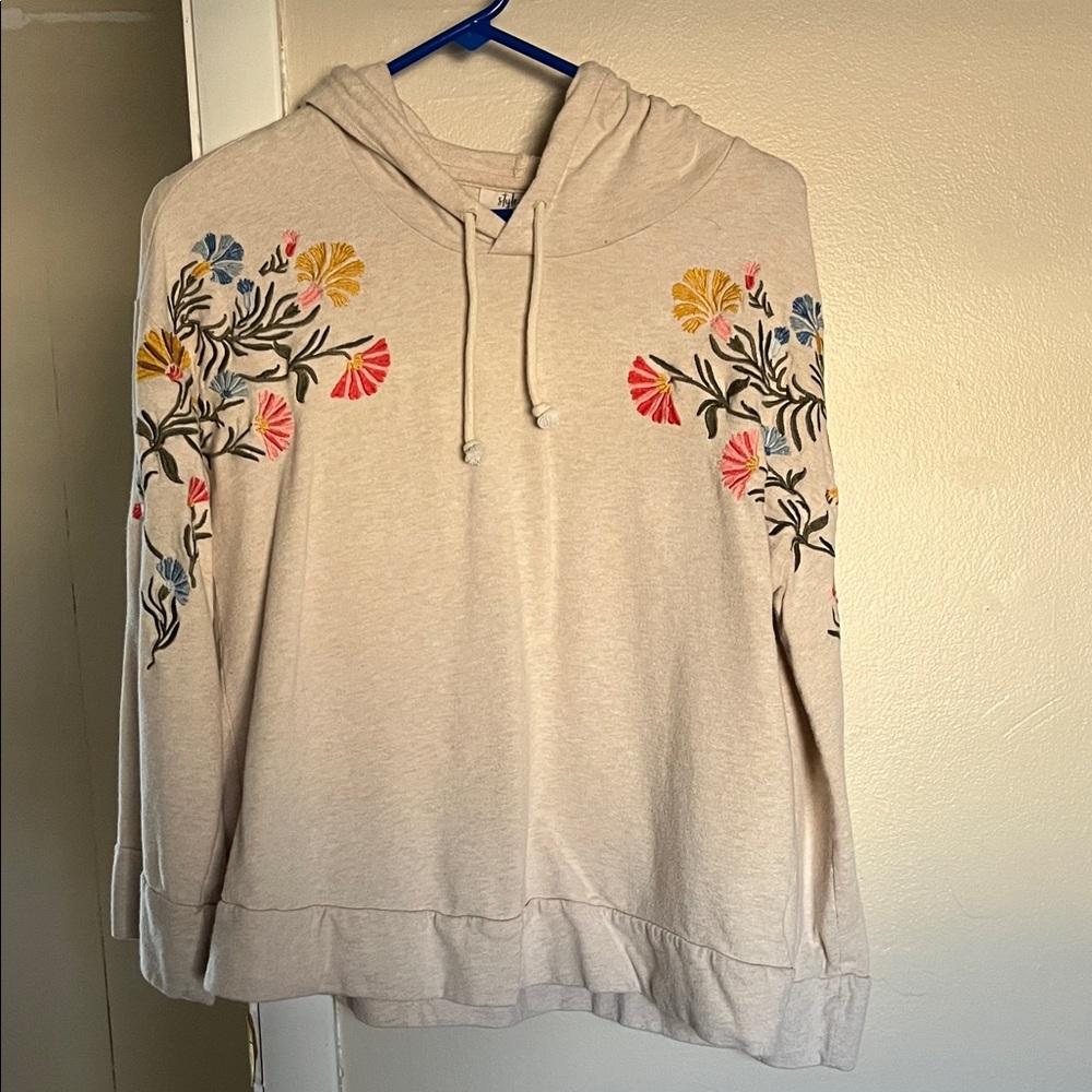 Style & Co. Cream Hoodie with Colorful Floral Embroidery